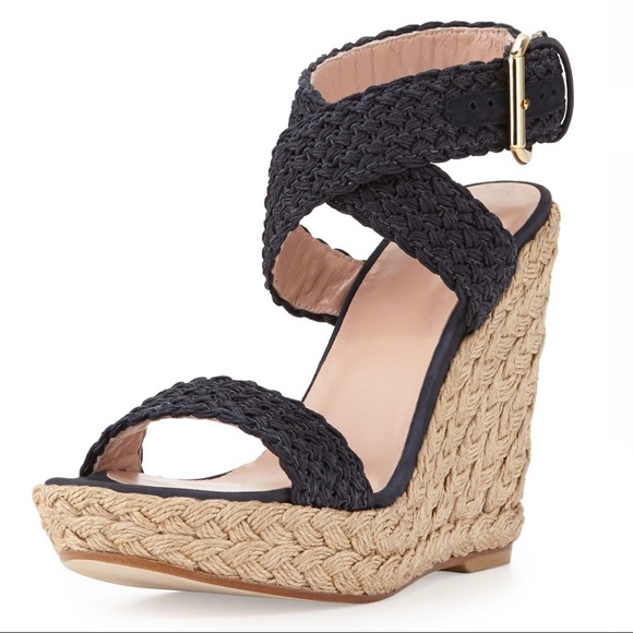 Stuart Weitzman Alex Crochet Ankle Wrap Espadrille Black Wedge Sandal Size 7.5